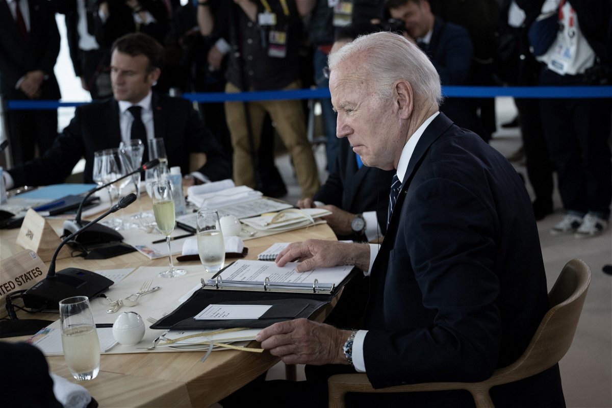 <i>Pool</i><br/>President Joe Biden on Friday sits at a working lunch roundtable with the other G7 world leaders.