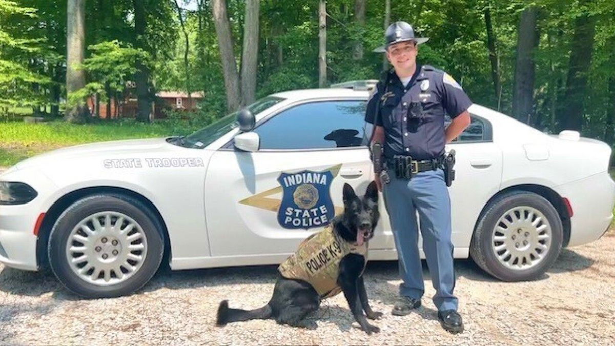 <i>Indiana State Police/WRTV</i><br/>ISP K-9 Jett will soon be protected by a new bullet and stab-proof vest. ISP Putnamville District announced Jett received the vest through a sponsorship from the non-profit organization Vested Interest K-9