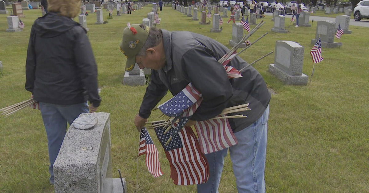 <i>WBZ</i><br/>Veteran Roland Pelletier spent the day placing flags at Elmwood Cemetery. 