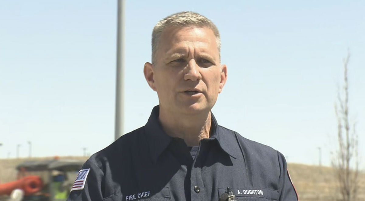 <i>KCNC</i><br/>Aurora Fire Chief Alec Oughton addresses reporters at a news conference outside the Gaylord Rockies Resort after an HVAC collapse injured six people on Saturday