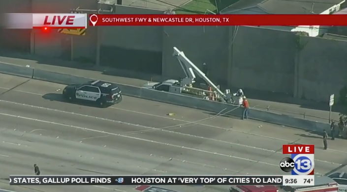 <i>KTRK</i><br/>Downed power lines that fell on the I-69 Southwest Freeway at Newcastle Drive after a nearby crash caused a traffic headache Thursday morning.