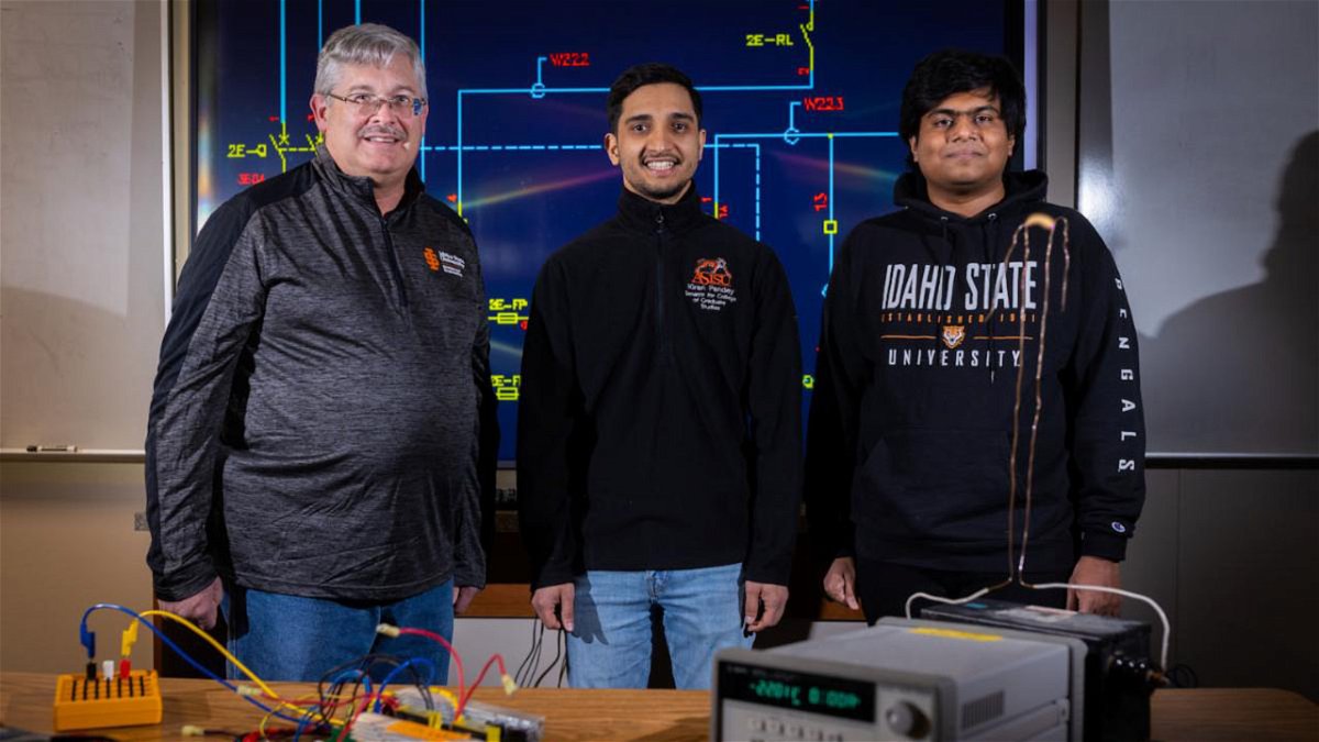 Thomas Baldwin, Kiran Pandey, and Shah Md Nehal Hasnaeen pose for a photo in the Electrical and Computer Engineering lab at Idaho State University's Pocatello campus.