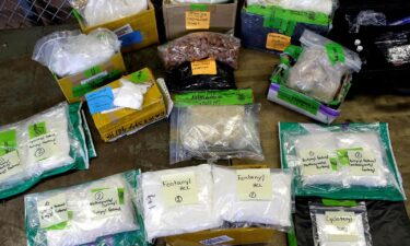 Plastic bags of Fentanyl are displayed on a table at the U.S. Customs and Border Protection area at the International Mail Facility at O'Hare International Airport in Chicago in November of 2017.