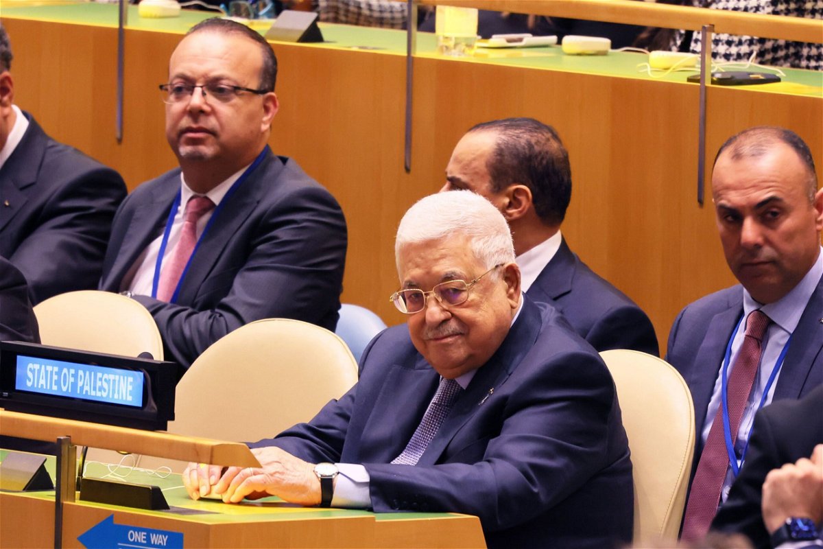 <i>Michael M. Santiago/Getty Images</i><br/>Palestinian Authority President Mahmoud Abbas attends an observation of the 75th anniversary of the Nakba in the General Assembly Hall at the United Nations on Monday in New York City.