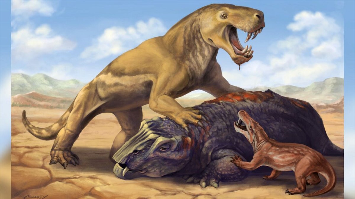<i>Mark Celeskey</i><br/>An artist's illustration depicts Inostrancevia with its dicynodont prey while scaring off a much smaller African Inostrancevia species.