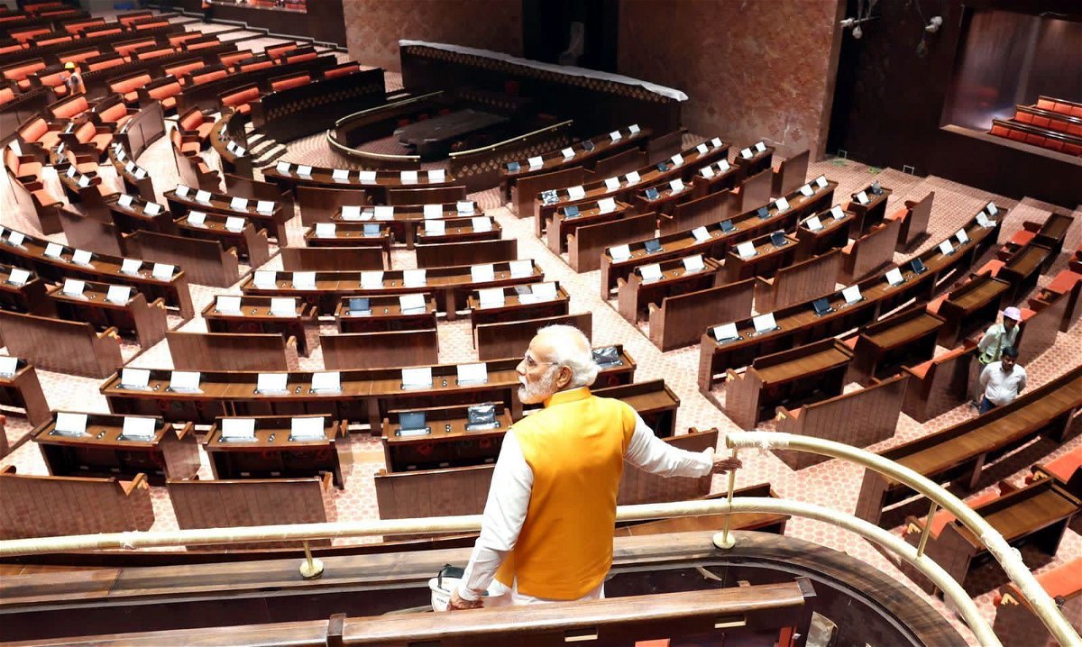 <i>@JoshiPralhad/Twitter</i><br/>Modi pictured on a visit to the new parliament building earlier this year.