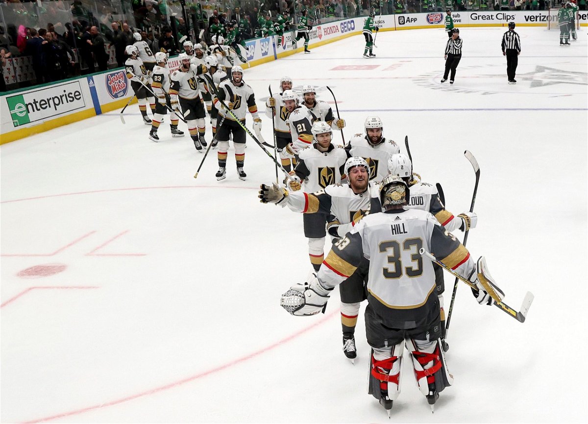 <i>Steph Chambers/Getty Images</i><br/>The Golden Knights celebrate after beating the Stars in Game 6.
