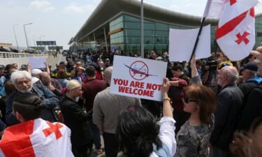 Crowds gathered outside Tbilisi Airport to protest the resumption of direct flights from Moscow