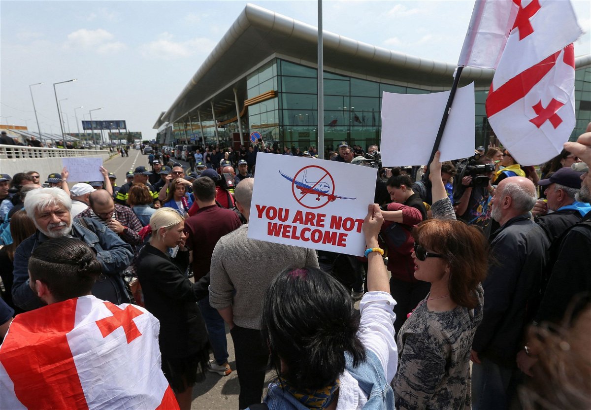 <i>Irakli Gedenidze/Reuters</i><br/>Crowds gathered outside Tbilisi Airport to protest the resumption of direct flights from Moscow