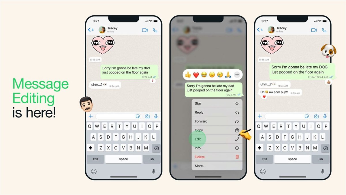 <i>From WhatsApp</i><br/>WhatsApp will now allow users to edit messages for up to fifteen minutes after they were created.