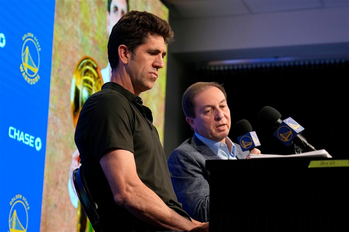 <i>Eric Risberg/AP</i><br/>Bob Myers speaks at a press conference next to Golden State Warriors owner Joe Lacob (right).