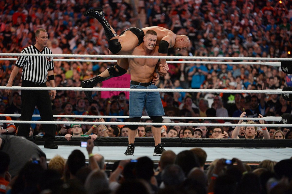 <i>Ron Elkman/Sports Imagery/Getty Images</i><br/>Dwayne ''The Rock'' Johnson and John Cena are seen here in action during WrestleMania XXVIII at Sun Life Stadium on April 1