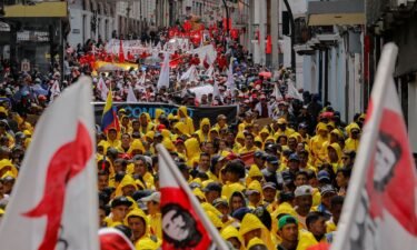Members of unions and civil society groups demand that Ecuador's President Guillermo Lasso leave office amid rising crime and insecurity