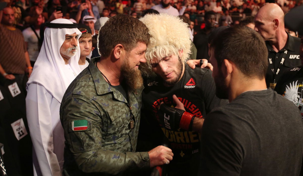 <i>Anadolu Agency/Getty Images</i><br/>Kadyrov congratulates Nurmagomedov for his victory over Poirier.