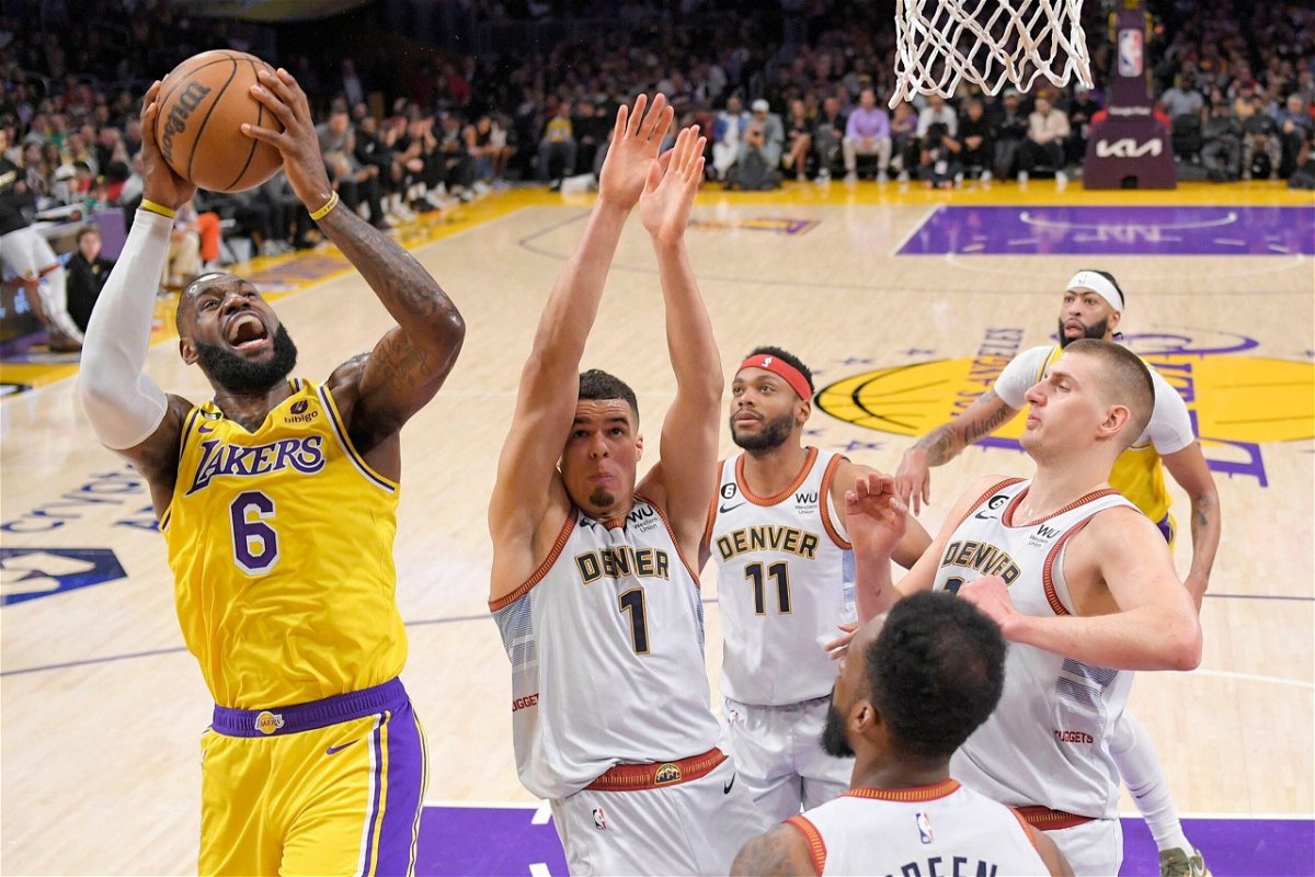 <i>Mark J. Terrill/AP</i><br/>LA Lakers forward LeBron James shoots against the Denver Nuggets on May 22.