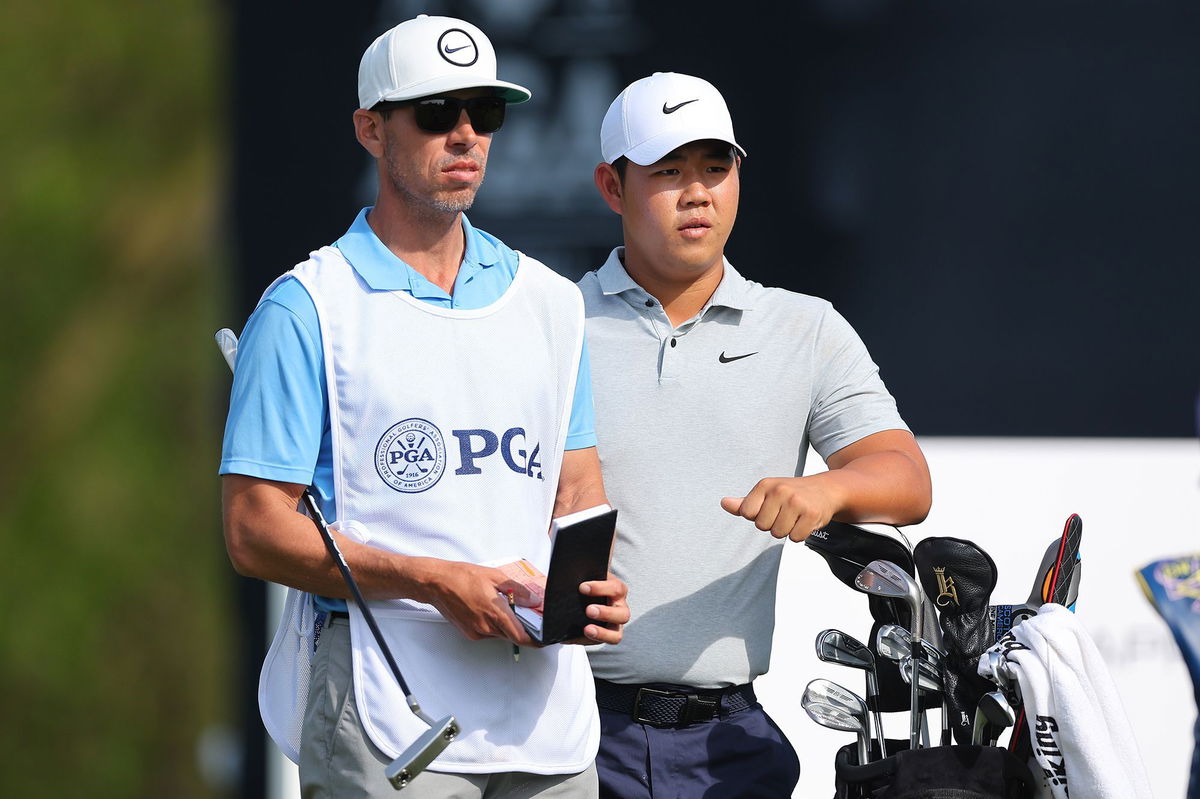 <i>Michael Reaves/Getty Images</i><br/>Tom Kim had an interesting first round of the 2023 PGA Championship at Oak Hill Country Club.