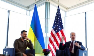 US President Joe Biden (right) meets with Ukrainian President Volodymyr Zelensky during the G7 Summit at the Grand Prince Hotel in Hiroshima