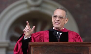 Tom Hanks delivers a commencement address during Harvard University commencement exercises on the school's campus on May 25.