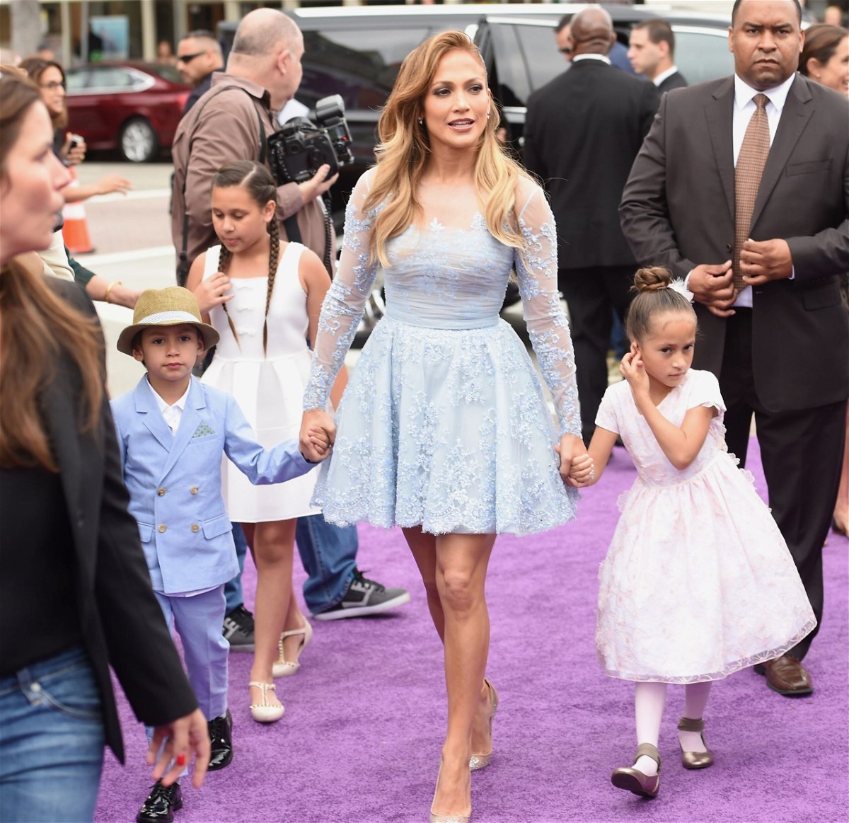 <i>Jason Merritt/Getty Images</i><br/>Jennifer Lopez (C) wishes she could protect her kids from having famous parent. The actress is pictured here with son Maximilian David Muniz (L) and daughter Emme Maribel Muniz (R) in 2015