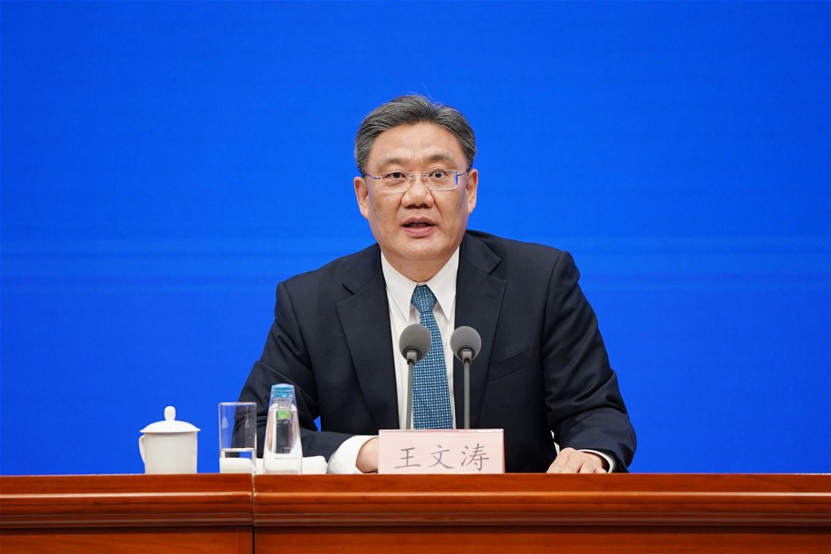 <i>VCG/Getty Images</i><br/>China's Minister of Commerce Wang Wentao attends a news conference in February 2021 in Beijing