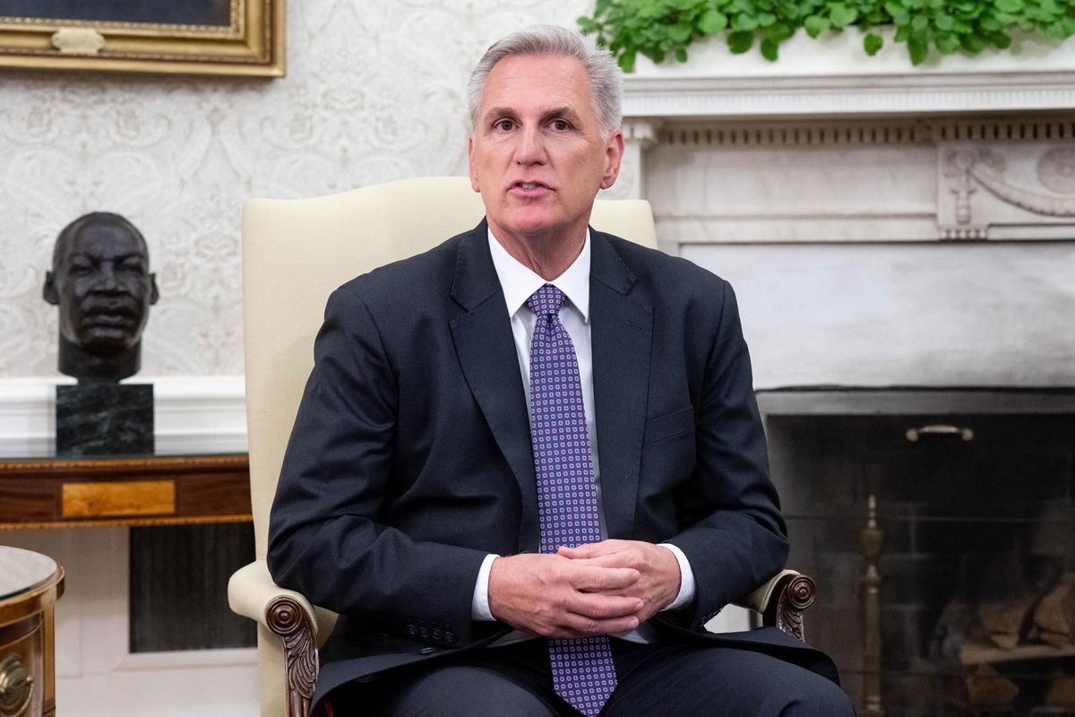 <i>Saul Loeb/AFP/Getty Images</i><br/>House Speaker Kevin McCarthy speaks during a meeting on the debt ceiling with President Joe Biden