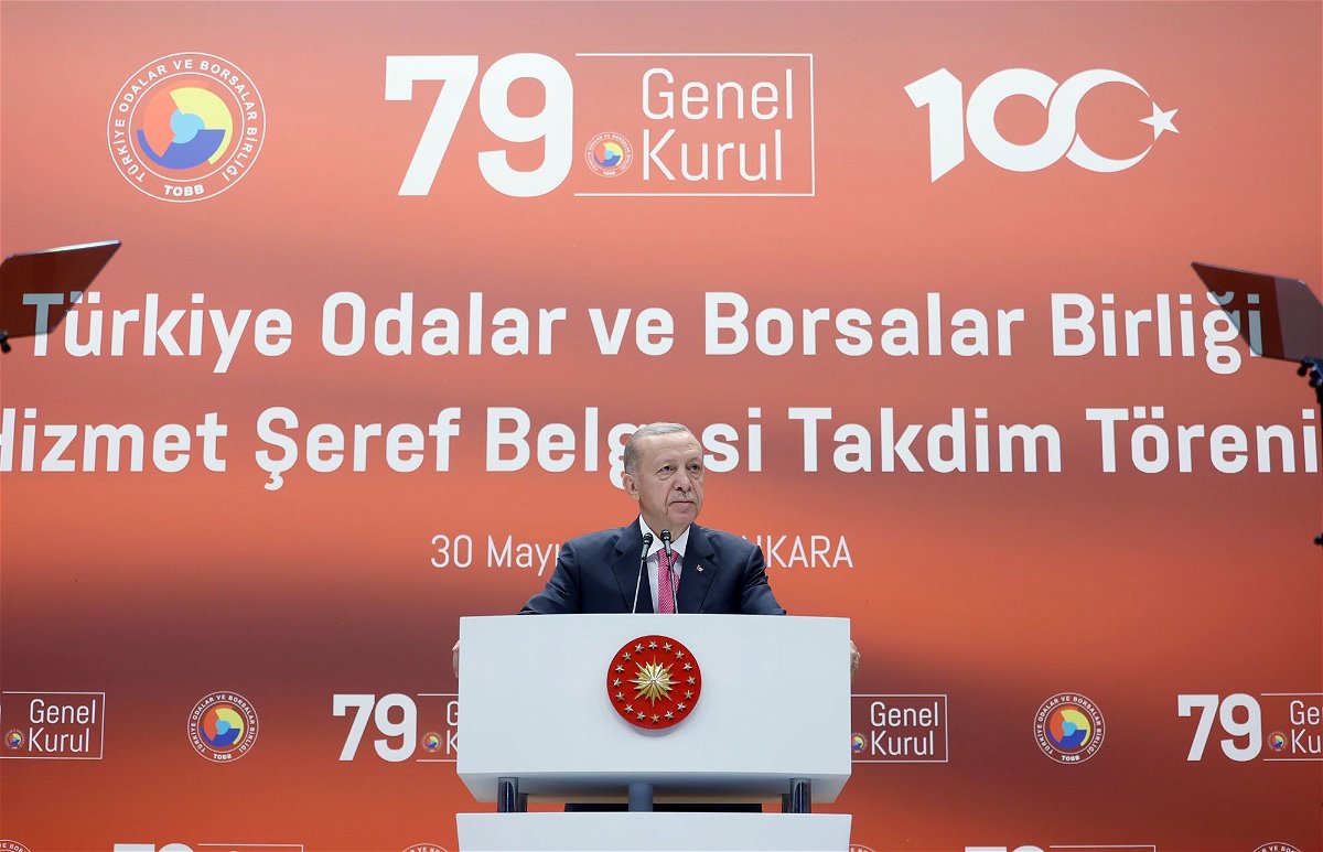 <i>Murat Cetinmuhurdar/Anadolu Agency/Getty Images</i><br/>Turkish President Recep Tayyip Erdogan gives a speech during the 79th General Assembly of the Union of Chambers and Commodity Exchanges of Turkey in Ankara on May 30.