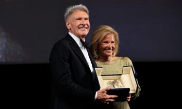 (From left) Harrison Ford and French director of the Cannes film festival Iris Knobloch on May 17 in Cannes
