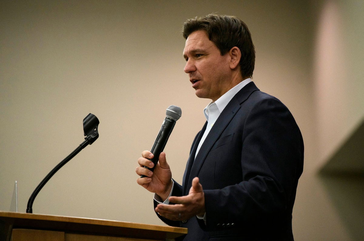 <i>Stephen Maturen/Getty Images</i><br/>Florida Gov. Ron DeSantis speaks during an Iowa GOP reception on May 13