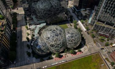 An aerial view of the Spheres at the Amazon.com Inc. headquarters is seen here in May 2021 in Seattle