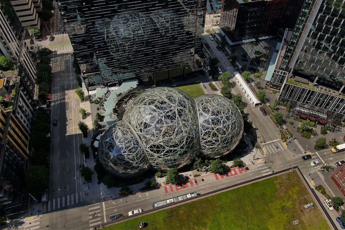 <i>David Ryder/Getty Images</i><br/>An aerial view of the Spheres at the Amazon.com Inc. headquarters is seen here in May 2021 in Seattle