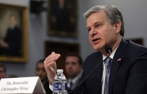 FBI Director Christopher Wray testifies during a hearing on Capitol Hill on April 27 in Washington.