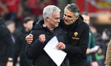 Josè Mourinho (left) celebrates after reaching the Europa League final with Roma.