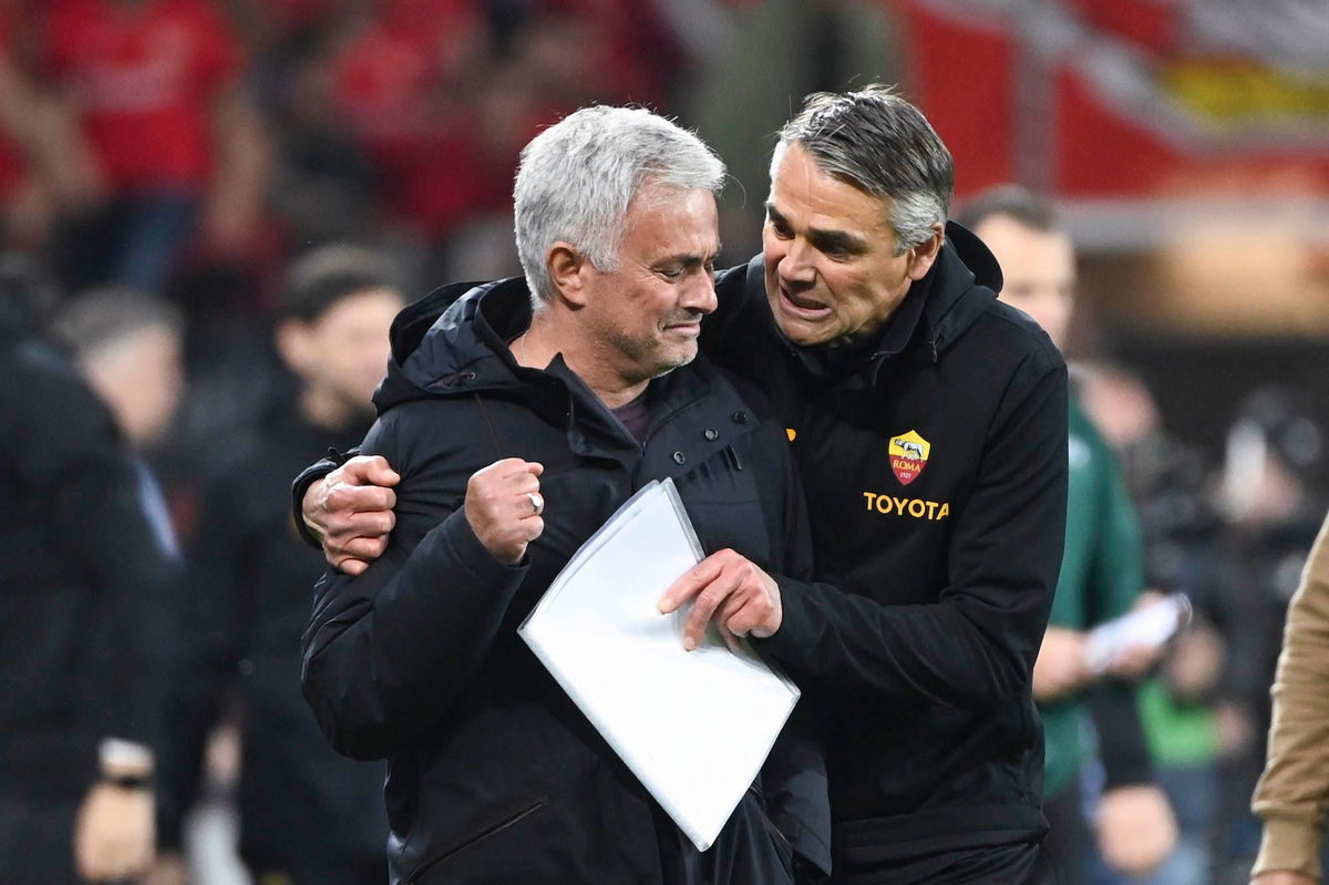 <i>Luciano Rossi/AS Roma/Getty Images</i><br/>Josè Mourinho (left) celebrates after reaching the Europa League final with Roma.