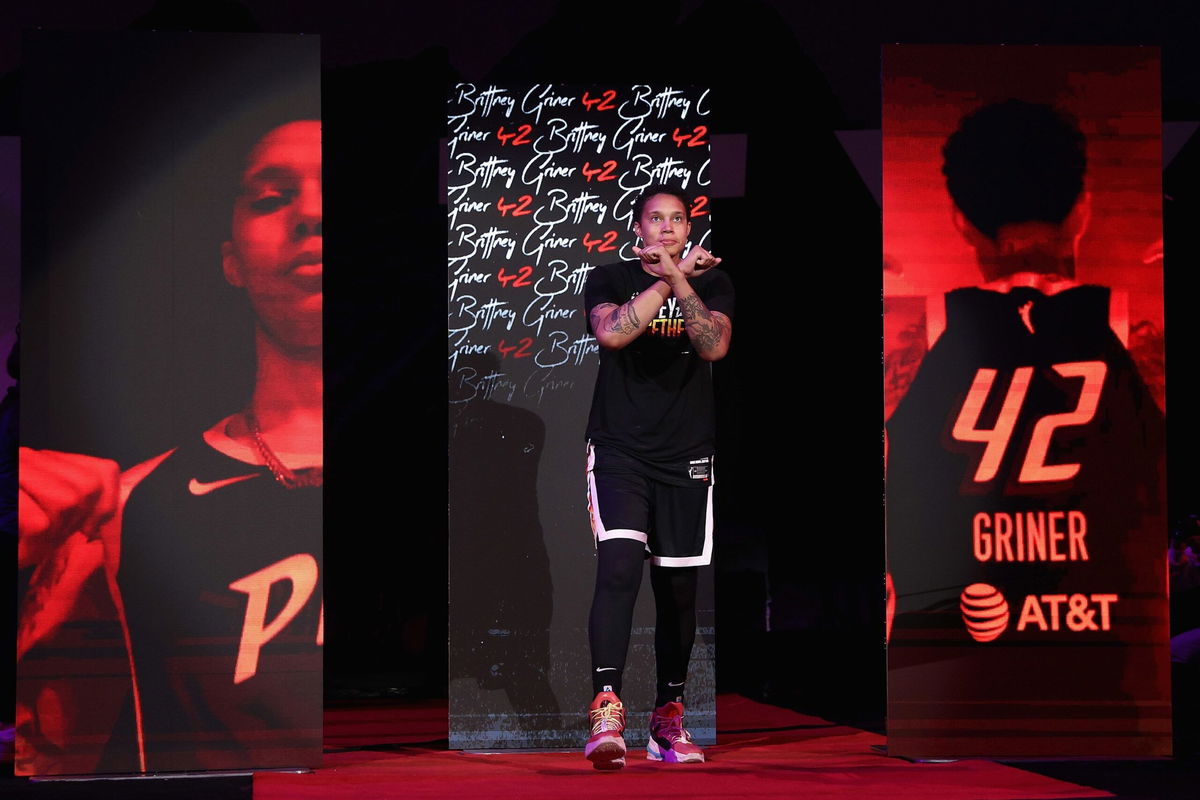 <i>Christian Petersen/Getty Images</i><br/>Brittney Griner is introduced to the Phoenix Mercury crowd before their home opener against the Chicago Sky.