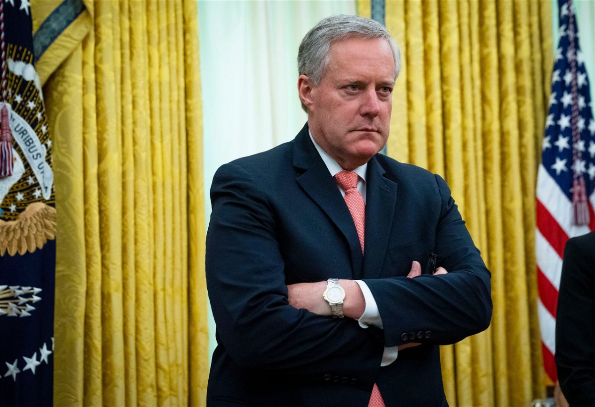 <i>Doug Mills/The New York Times/Pool/Getty Images</i><br/>Then White House Chief of Staff Mark Meadows listens as President Donald Trump meets with New Jersey Gov. Phil Murphy in the Oval Office April 30