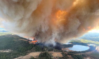 A smoke column rises from wildfire near Lodgepole