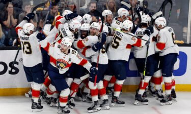 The Florida Panthers celebrate after defeating the Boston Bruins on a goal by Carter Verhaeghe in overtime during Game 7 of the NHL playoff series on Sunday