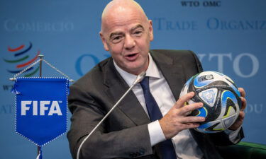 FIFA President Gianni Infantino holds an official ball of the 2023 FIFA Women's World Cup on May 1.