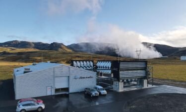 Climeworks' direct air capture plant in Iceland. Fans draw in ambient air to extract the carbon dioxide.