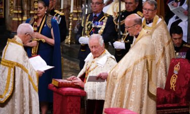King Charles III during his coronation ceremony in Westminster Abbey