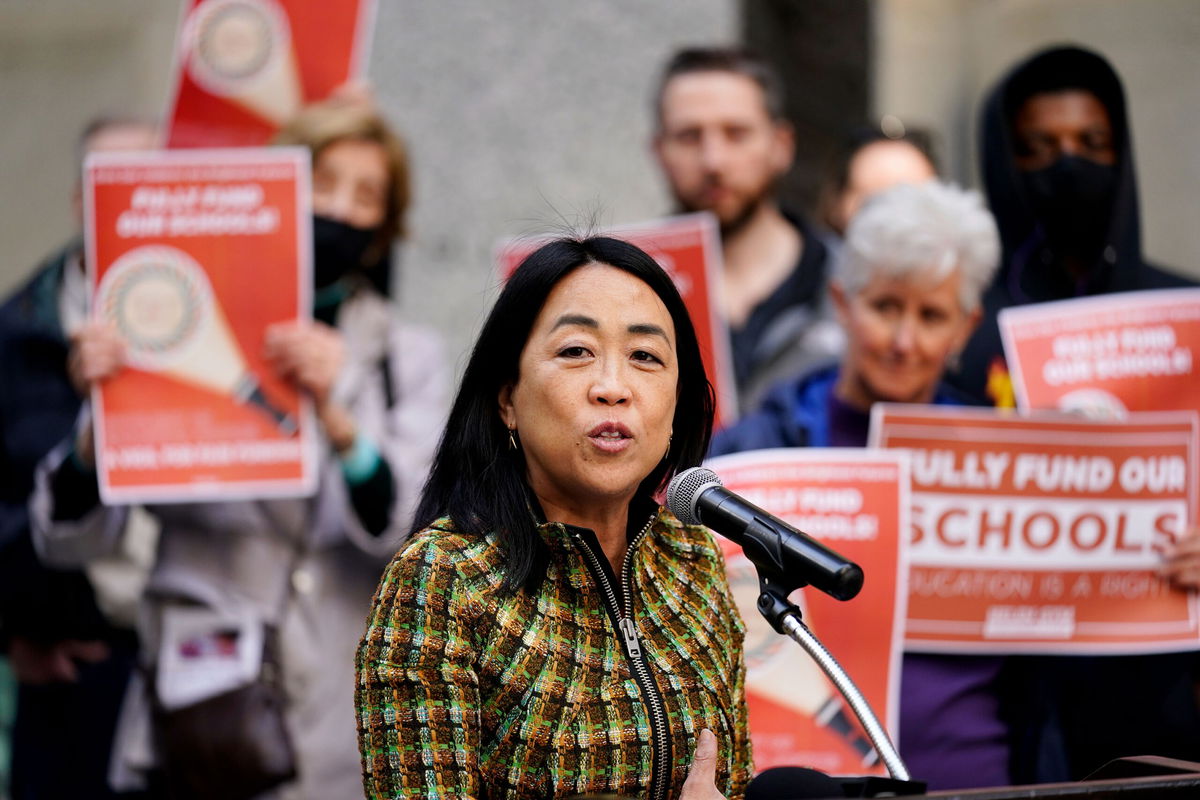 <i>Matt Rourke/AP</i><br/>Philadelphia Councilmember Helen Gym speaks outside City Hall in Philadelphia on March 15