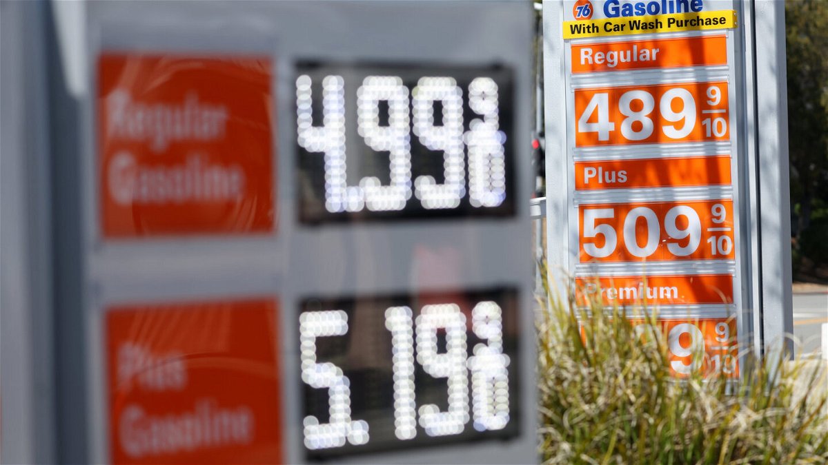 <i>Justin Sullivan/Getty Images</i><br/>Inflation eased further in April. Gas prices are displayed at a gas station on April 12