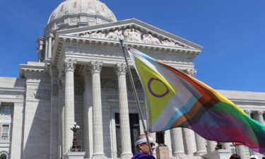 Members and advocates for transgender rights protest outside the Missouri State Capitol in Jefferson City on March 29. Missouri lawmakers passed two bills on May 10 that would bar transgender athletes from playing on school sports teams.