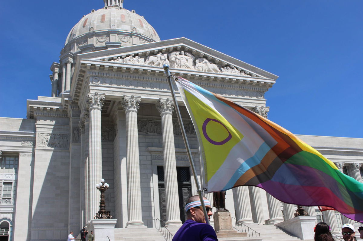 <i>Galen Bacharier/Springfield News-Leader/USA Today Network</i><br/>Members and advocates for transgender rights protest outside the Missouri State Capitol in Jefferson City on March 29. Missouri lawmakers passed two bills on May 10 that would bar transgender athletes from playing on school sports teams.