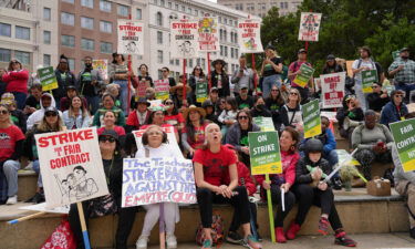 Striking teachers hold a rally outside Oakland's City Hall on May 4.