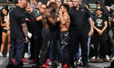 Aljamain Sterling (left) and Henry Cejudo face off during the UFC 288 ceremonial weigh-in on May 5.