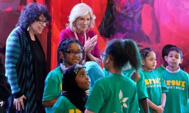First lady Jill Biden and US Supreme Court Justice Sonia Sotomayor pose with children from PS 55 at the Bronx Children's Museum in New York on May 3.