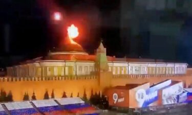 The tight ring of security that surrounds the seat of the Russian presidency was punctured by what appeared to be two attempted drone strikes on May 3. A still image taken from video shows a flying object exploding near the dome of the Kremlin.