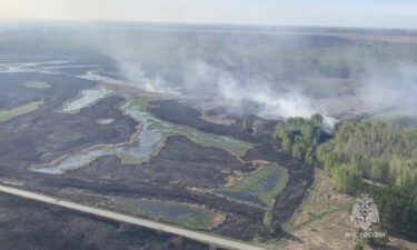 Smoke rising from a wildfire in the Kurgan Region