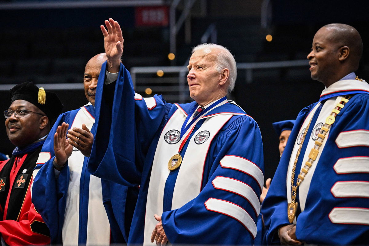 <i>Mandel Ngan/AFP/Getty Images</i><br/>President Joe Biden participates in a Howard University graduation ceremony at the Capital One Arena in Washington